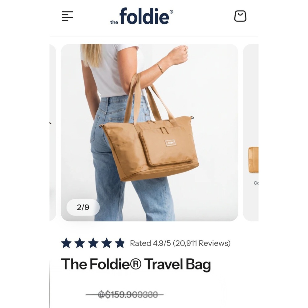 The Foldie Travel Bag Camel Tan Expandable Foldable‎ 40L Weekender NWT